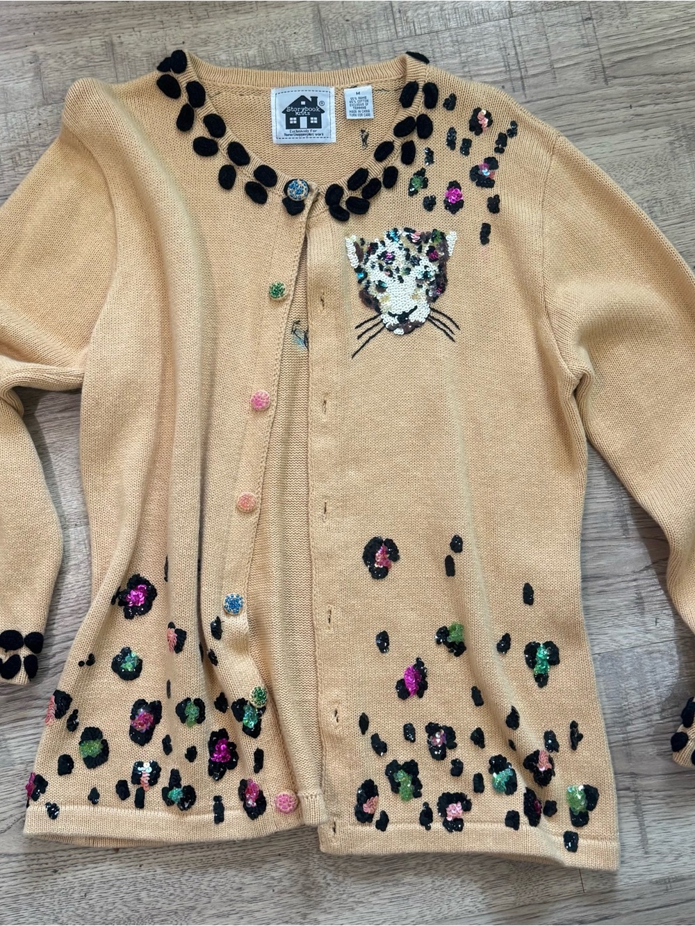 Storybook Knits Cream Cardigan with Sequin Leopard Motif - Picture 1 of 5